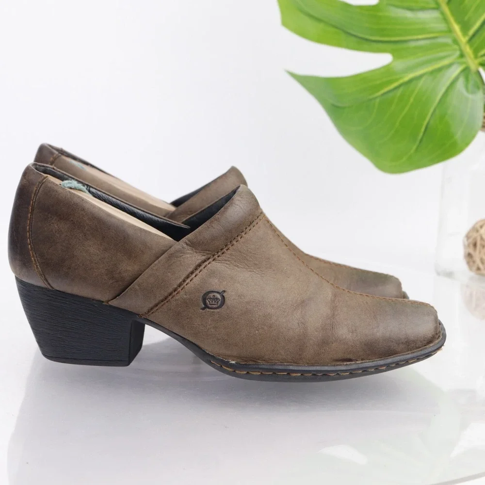Born Womens Kinney Boot Pump Size 8 Brown Leather Comfort Shoe Block Heel SlipOn